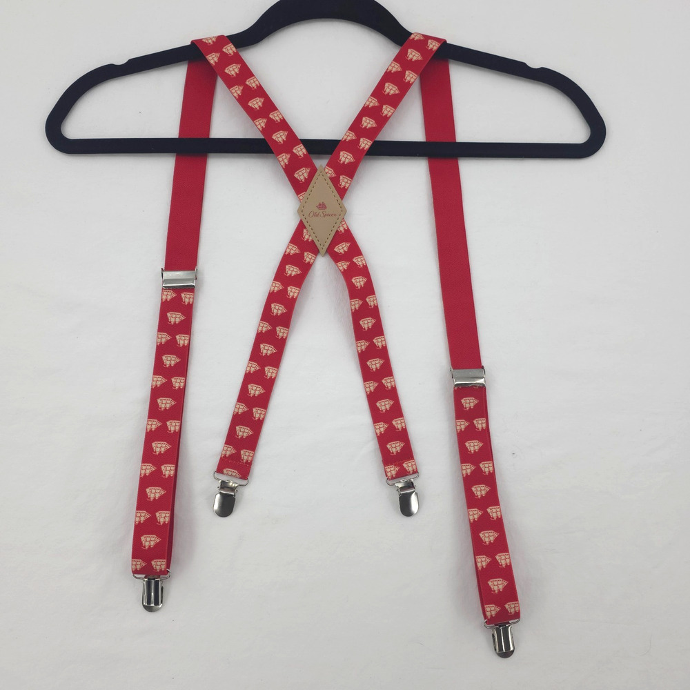 Old Spice X Back Suspenders Clip On Mens Red Elastic Galleon Tall Ships Nautical